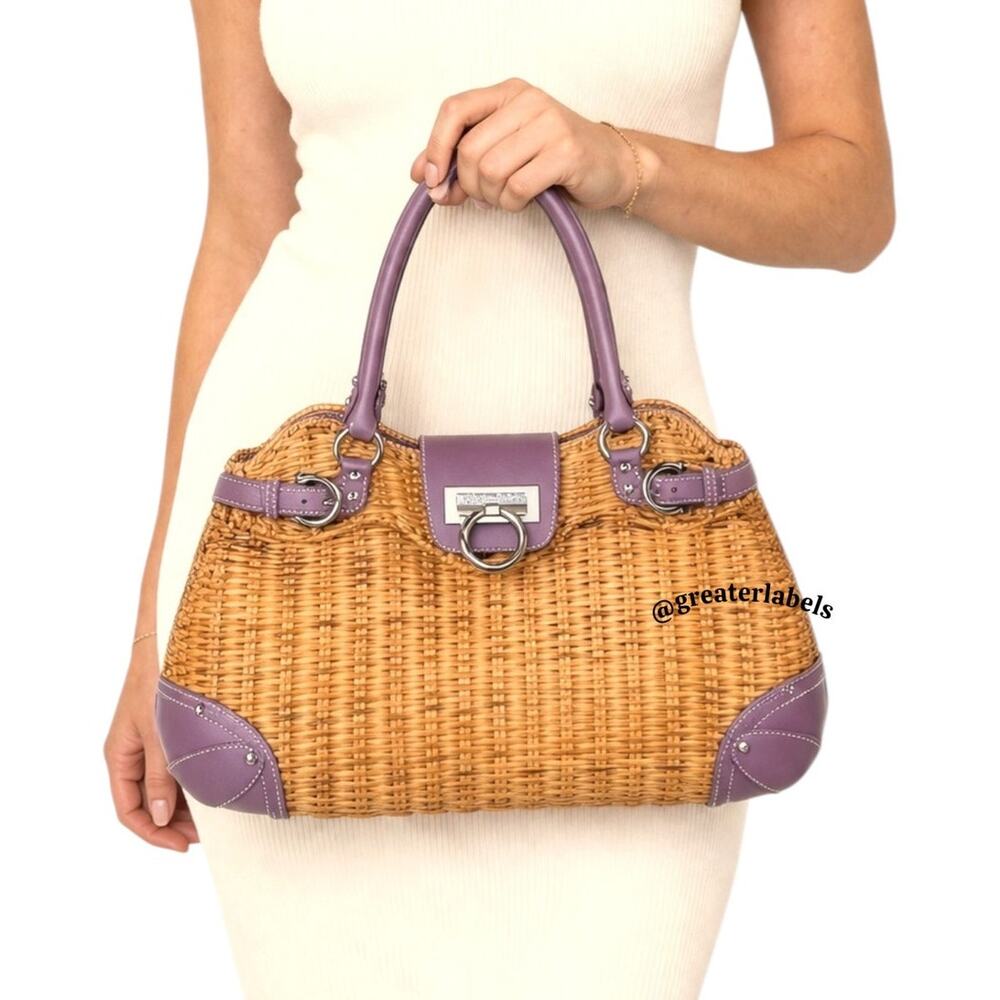 Salvatore Ferragamo Vintage Wicker & Purple Leather Gancini Top Handle Bag RARE